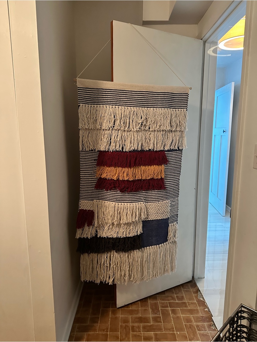 Fringed Boho Wall Hanging in Cream, Burgundy & Mustard
